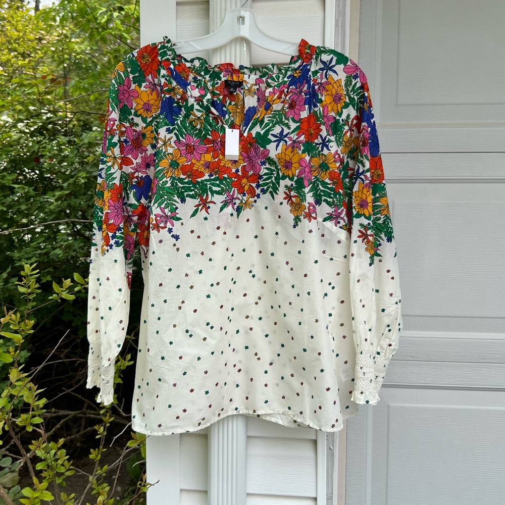 NWT Talbots Pretty Cream Multicolored Floral Ruffle Neck 3/4 Sleeve Blouse - Picture 5 of 5